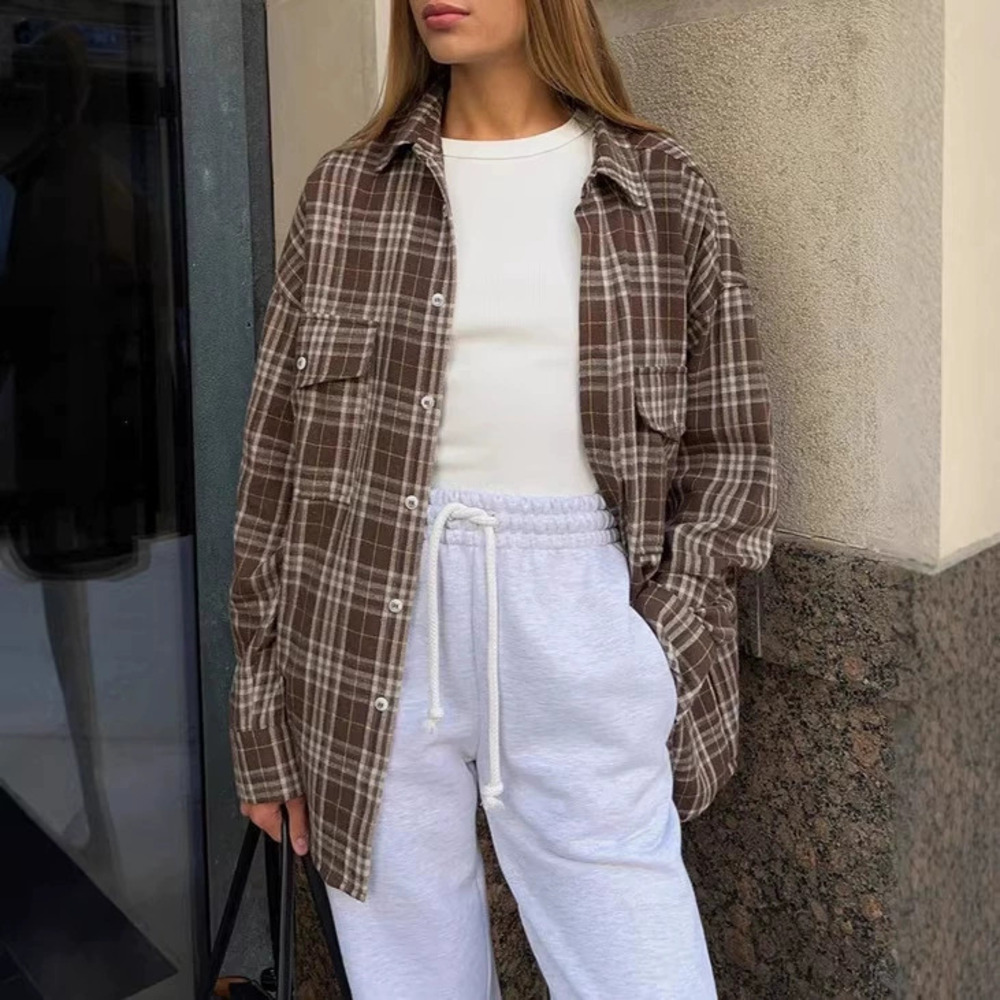 Forever 21 Women's American Retro Plaid Long Shirt Two Pockets